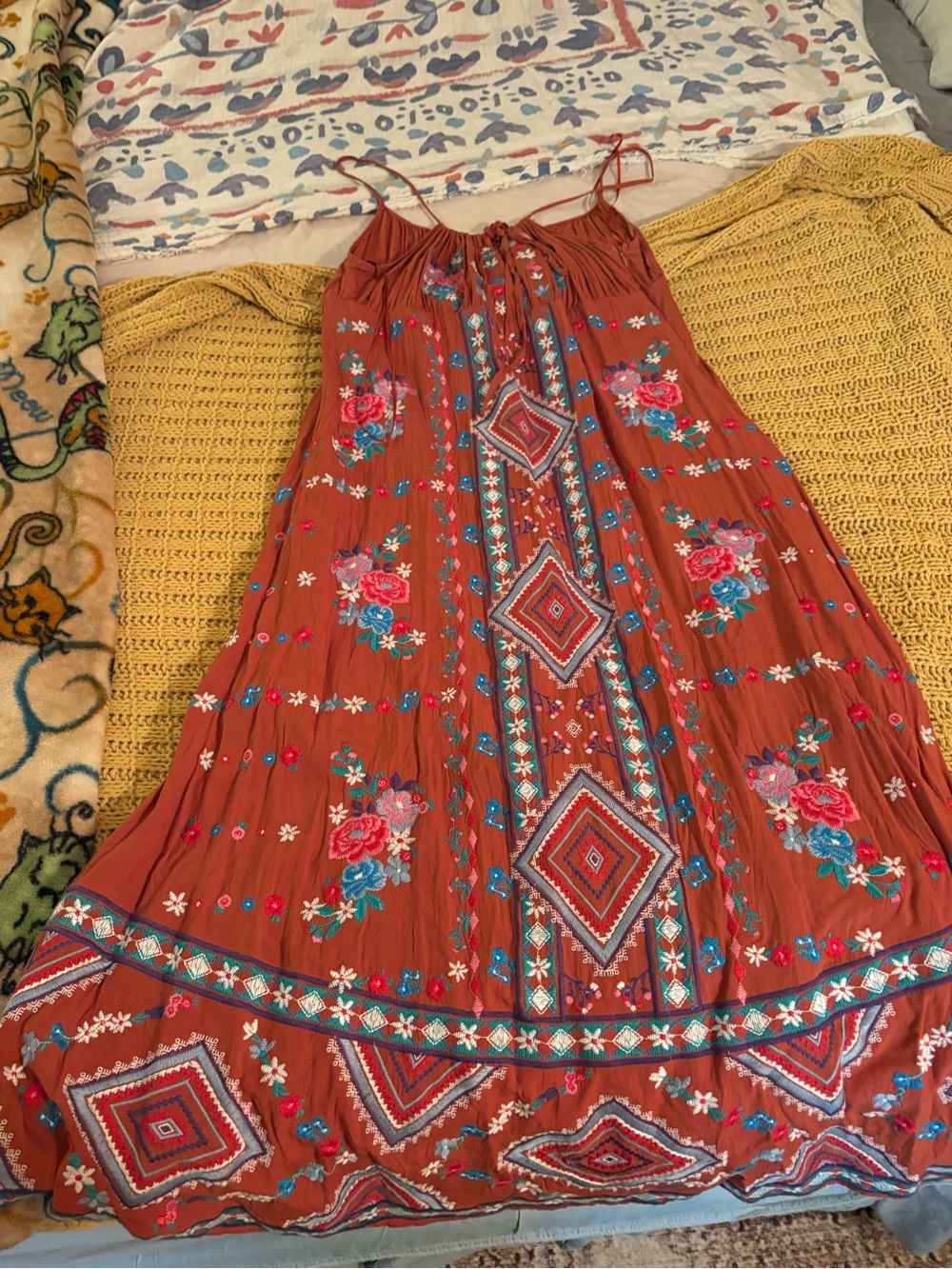 Boho Embroidered Rust Floral Midi Dress